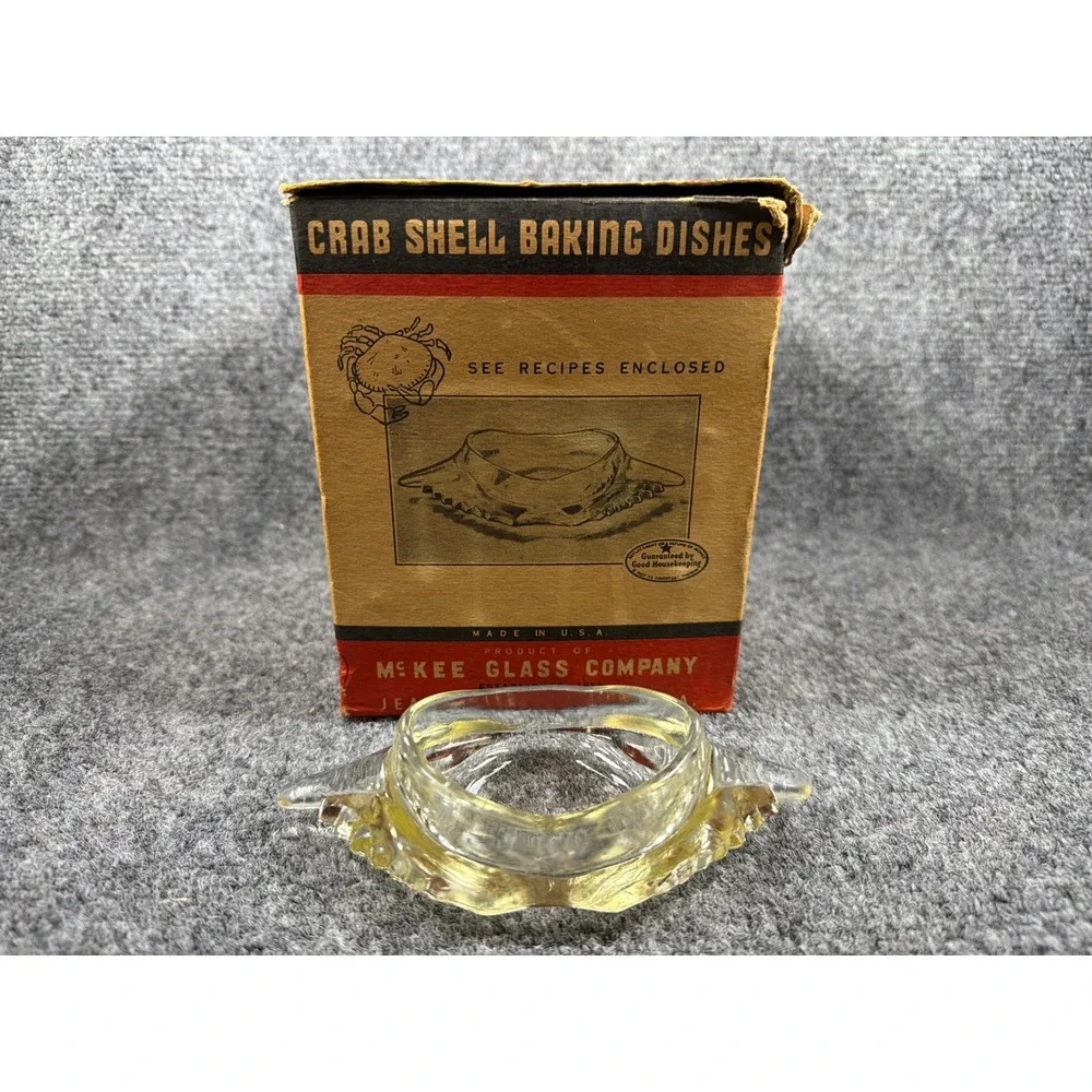 Vintage Glasbake Crab Shell Baking Dishes Set of 6 McKee Glass Co Clear Boxed